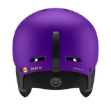 Kids MIPS ski helmet, purple, front view with ventilation slots and center strap