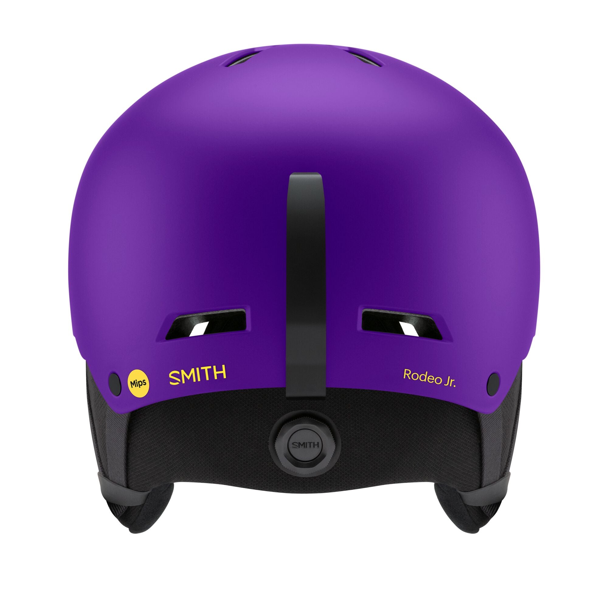 Kids MIPS ski helmet, purple, front view with ventilation slots and center strap