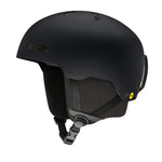 Kids MIPS ski helmet, matte black, side view with chin strap and vent cutouts