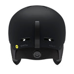 Kids MIPS ski helmet, matte black, front view with ventilation slots and chin strap