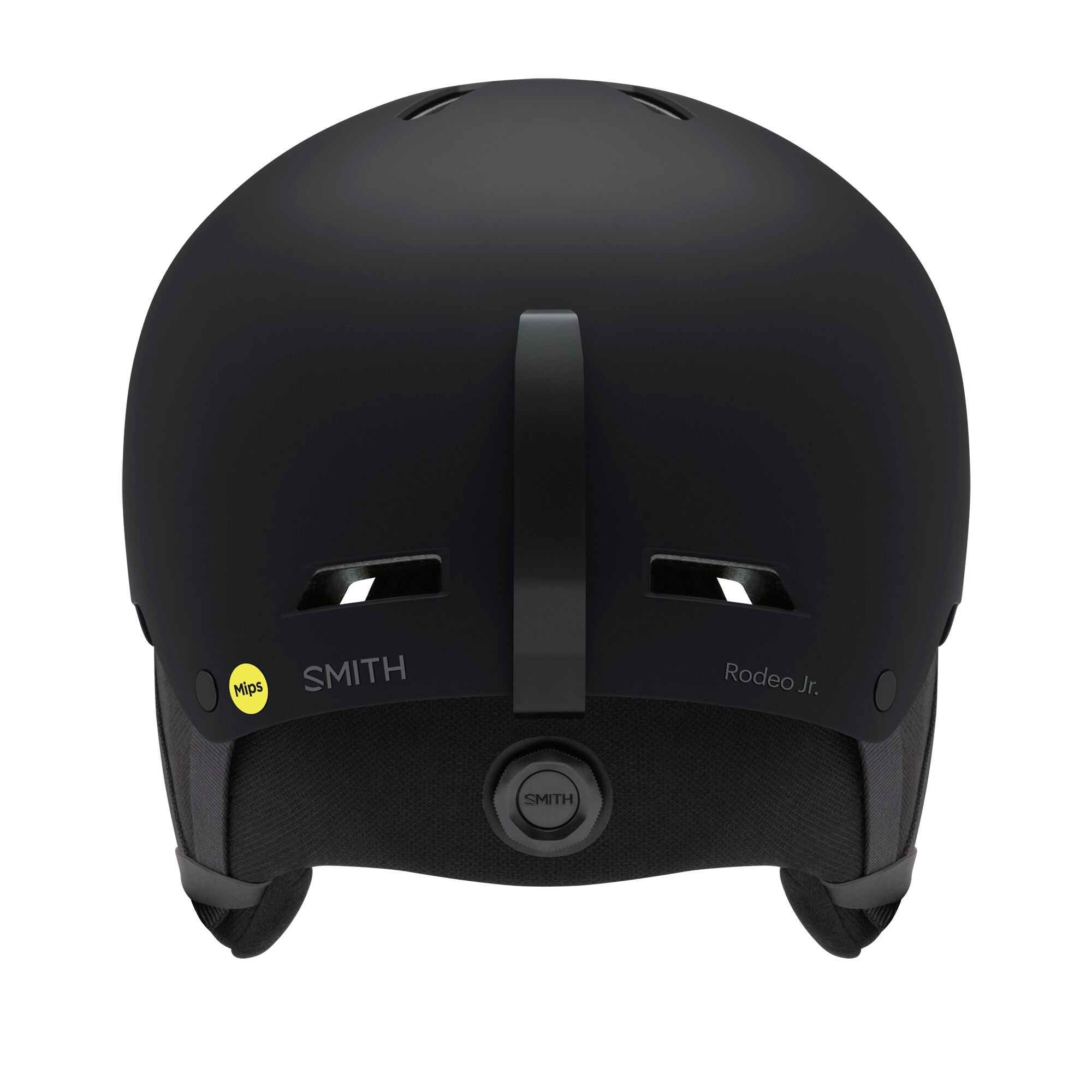 Kids MIPS ski helmet, matte black, front view with ventilation slots and chin strap