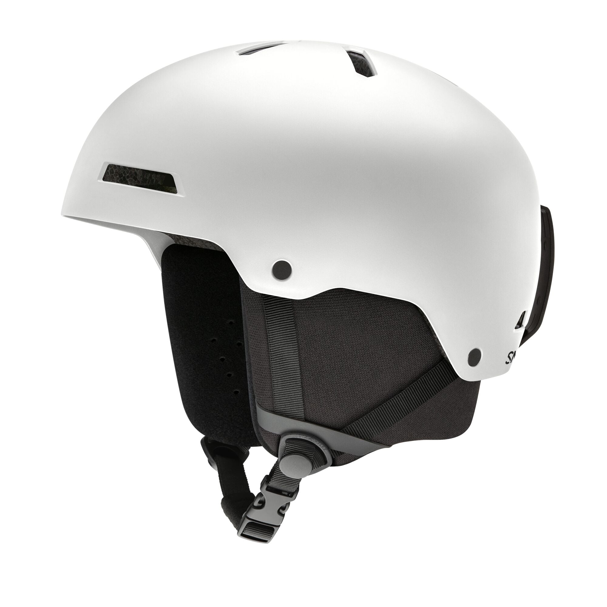 Kids MIPS ski helmet, matte white, side profile with chin strap and ear protection
