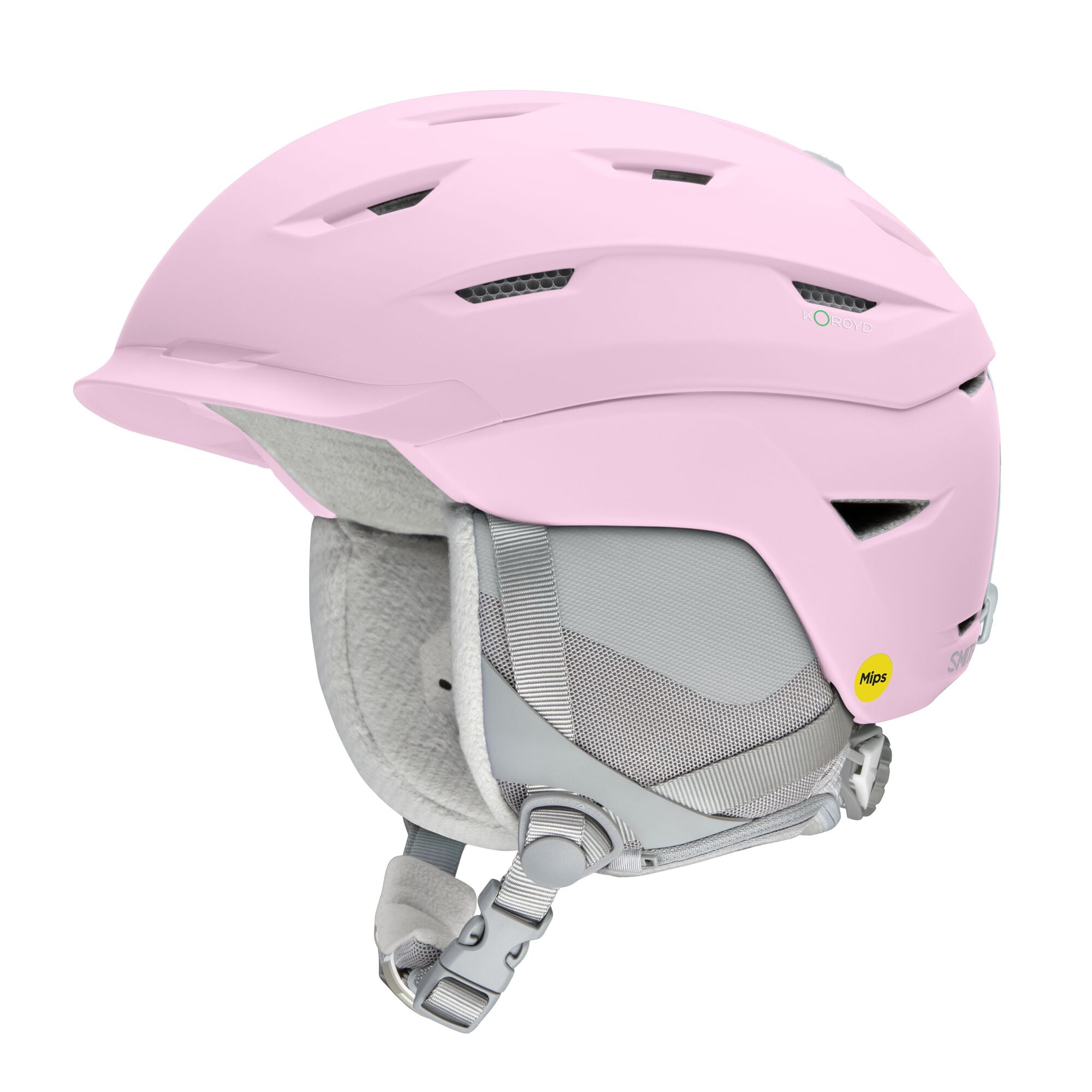 Smith Liberty MIPS helmet in light lavender, side view with padding and chin strap