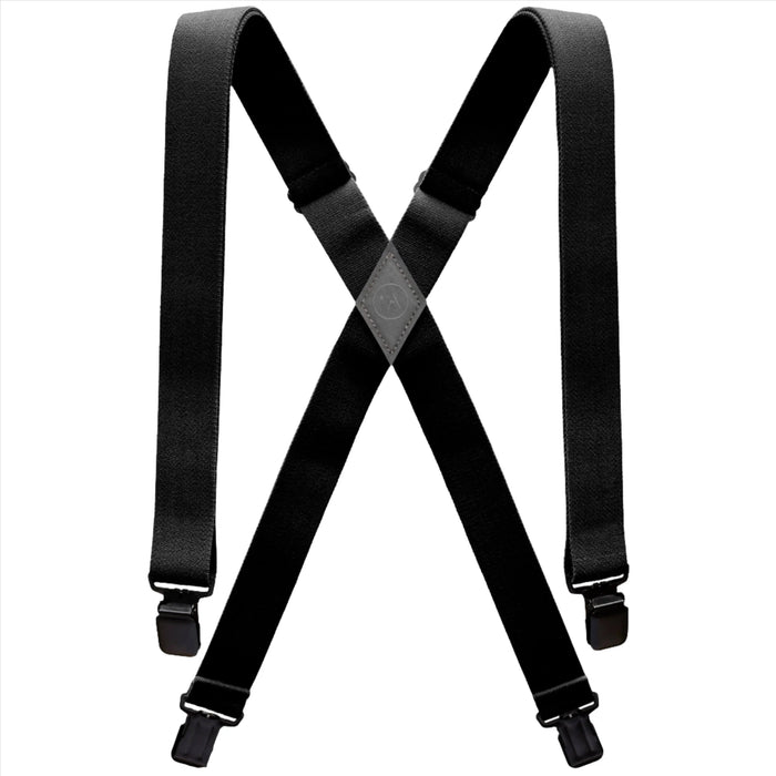 A pair of black suspenders with adjustable straps and metal clips at the ends. The straps form an "X" shape when laid flat, with a leather patch at the intersection for reinforcement.