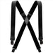 A pair of black suspenders with adjustable straps and metal clips at the ends. The straps form an "X" shape when laid flat, with a leather patch at the intersection for reinforcement.