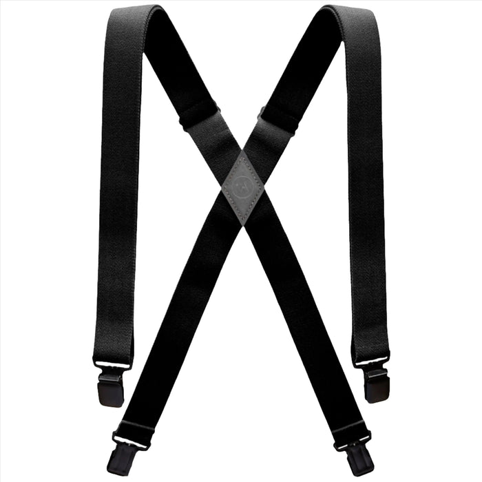 A pair of black suspenders with adjustable straps and metal clips at the ends. The straps form an "X" shape when laid flat, with a leather patch at the intersection for reinforcement.