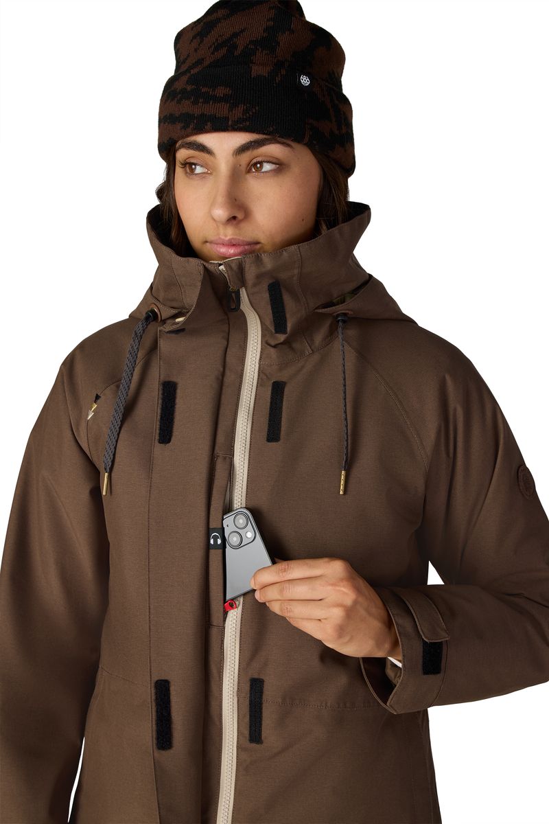 Women's 3-in-1 jacket in dark brown, close-up with hood drawstrings and zip