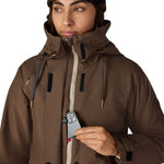 Women's 3-in-1 jacket in dark brown, close-up with hood drawstrings and zip