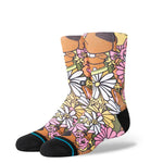 SNAKIN SCOOBS KDS CREW 2024 - A pair of crew socks with a cartoon snake and owl design in shades of brown, green, and pink.