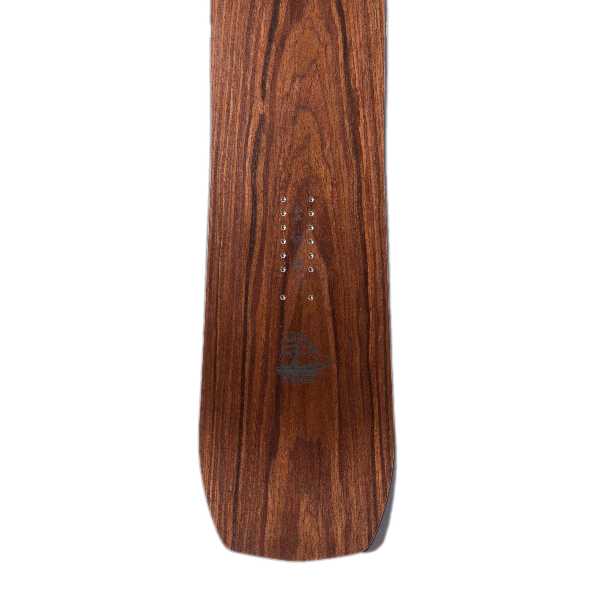 Jones Flagship Snowboard 2022 - A brown snowboard with a wood grain pattern and silver screws along the edges.