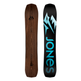 Jones Flagship Snowboard 2022 - A brown woodgrain snowboard with a black logo featuring three mountain peaks at the top.