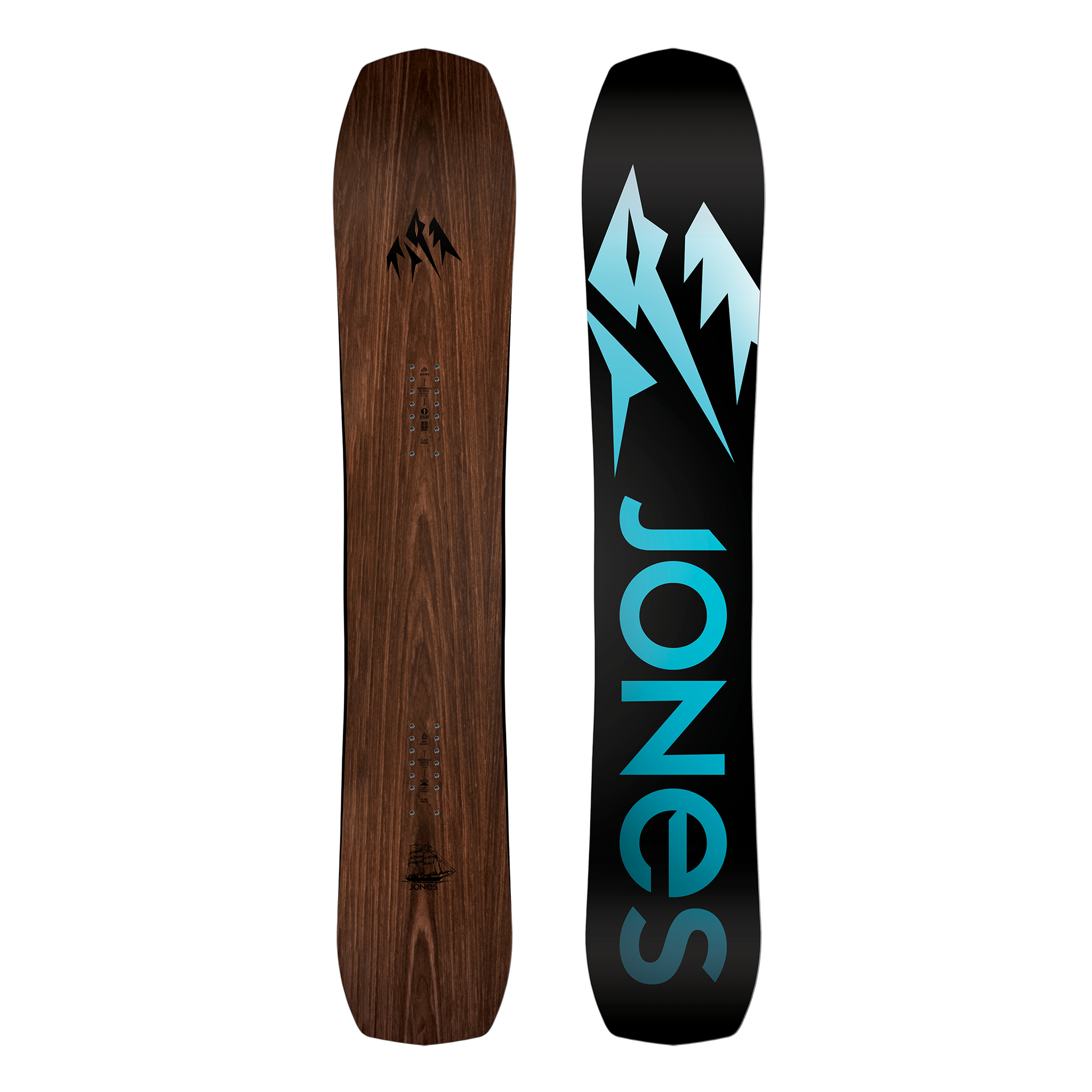 Jones Flagship Snowboard 2022 - A brown woodgrain snowboard with a black logo featuring three mountain peaks at the top.
