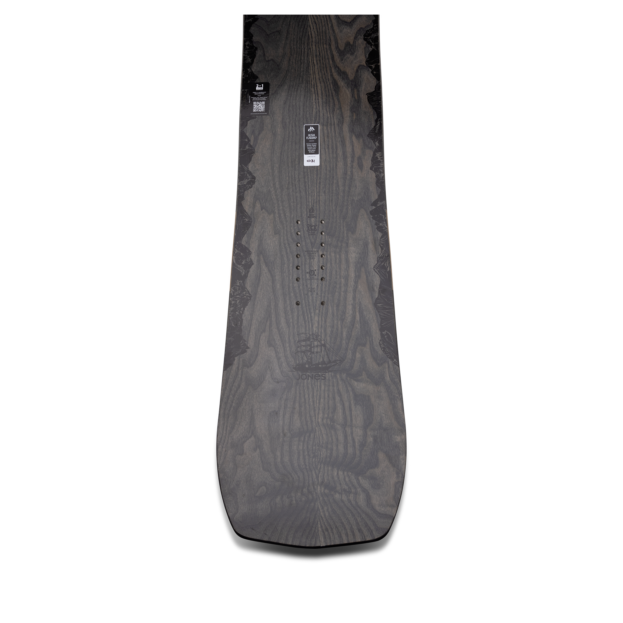 Jones Ultra Flagship Snowboard 2024 - A dark brown snowboard with a wood grain pattern and black binding screws.