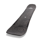 Jones Ultra Flagship Snowboard 2024 - A black snowboard with a wood grain pattern on its top surface, featuring a white logo at the tail end.