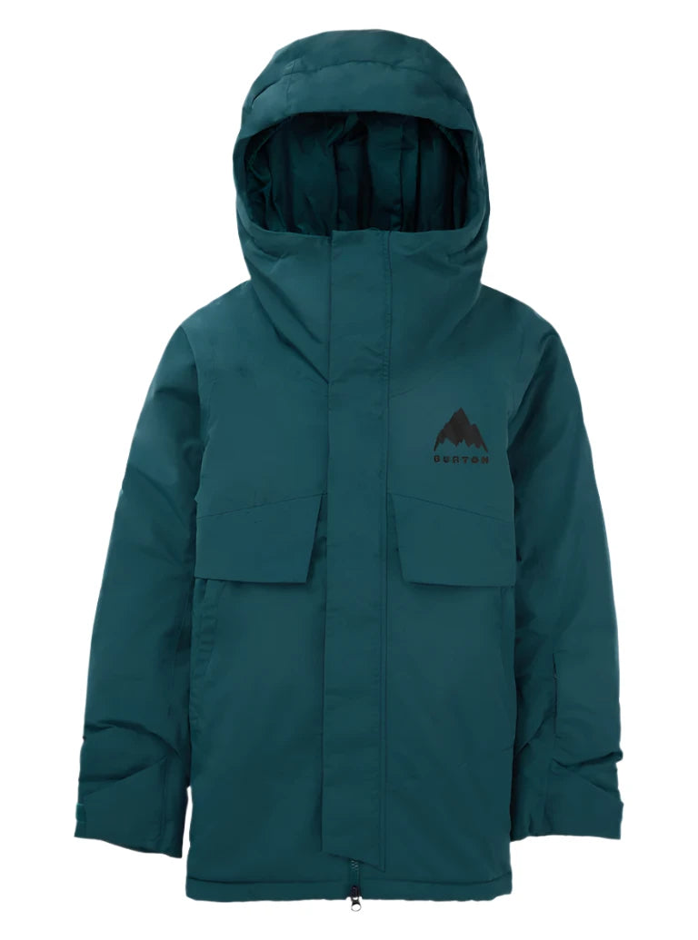 Burton Junior's Ascutney 2L Insulated Jacket 2025 - A dark green jacket with a hood, featuring two chest pockets and a zipper down the front.