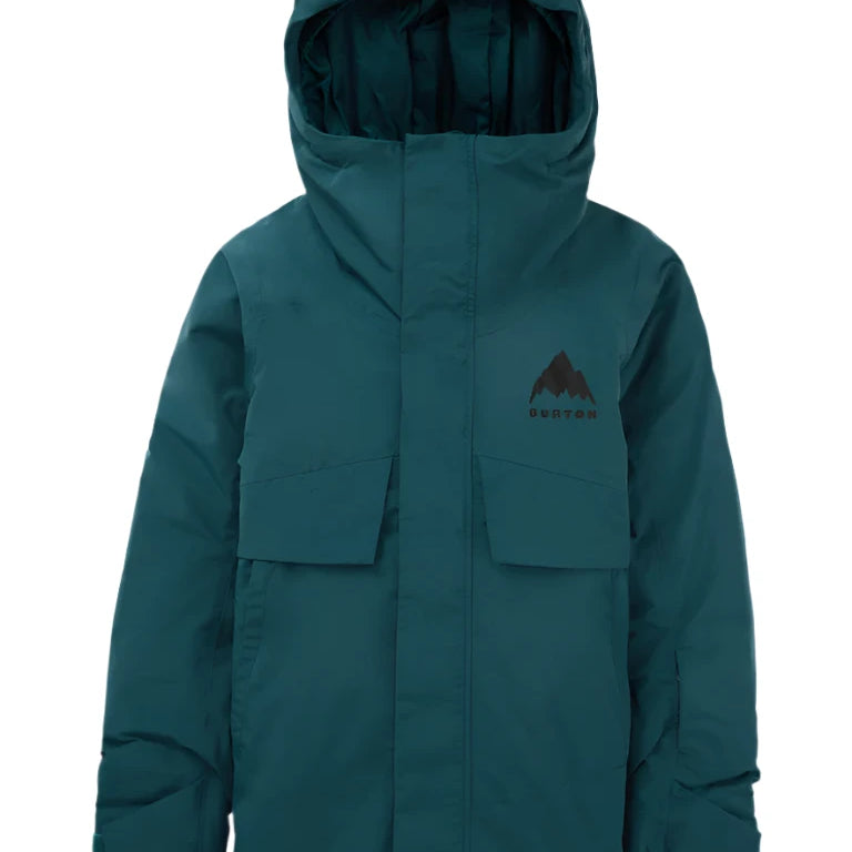 Burton Junior's Ascutney 2L Insulated Jacket 2025 - A dark green jacket with a hood, featuring two chest pockets and a zipper down the front.