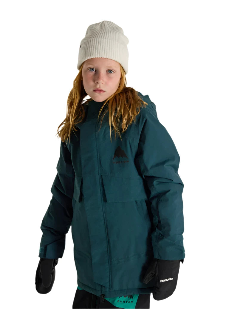 Burton Junior's Ascutney 2L Insulated Jacket 2025 - A dark green jacket with a hood, featuring a black logo on the chest and two zippered pockets on the front.