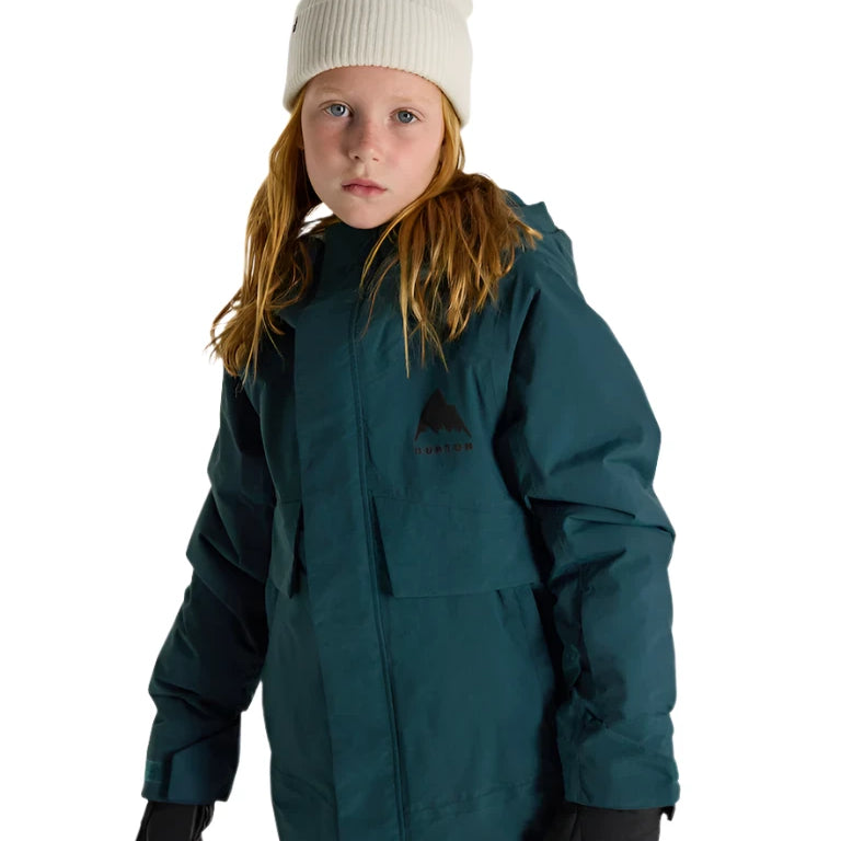 Burton Junior's Ascutney 2L Insulated Jacket 2025 - A dark green jacket with a hood, featuring a black logo on the chest and two zippered pockets on the front.