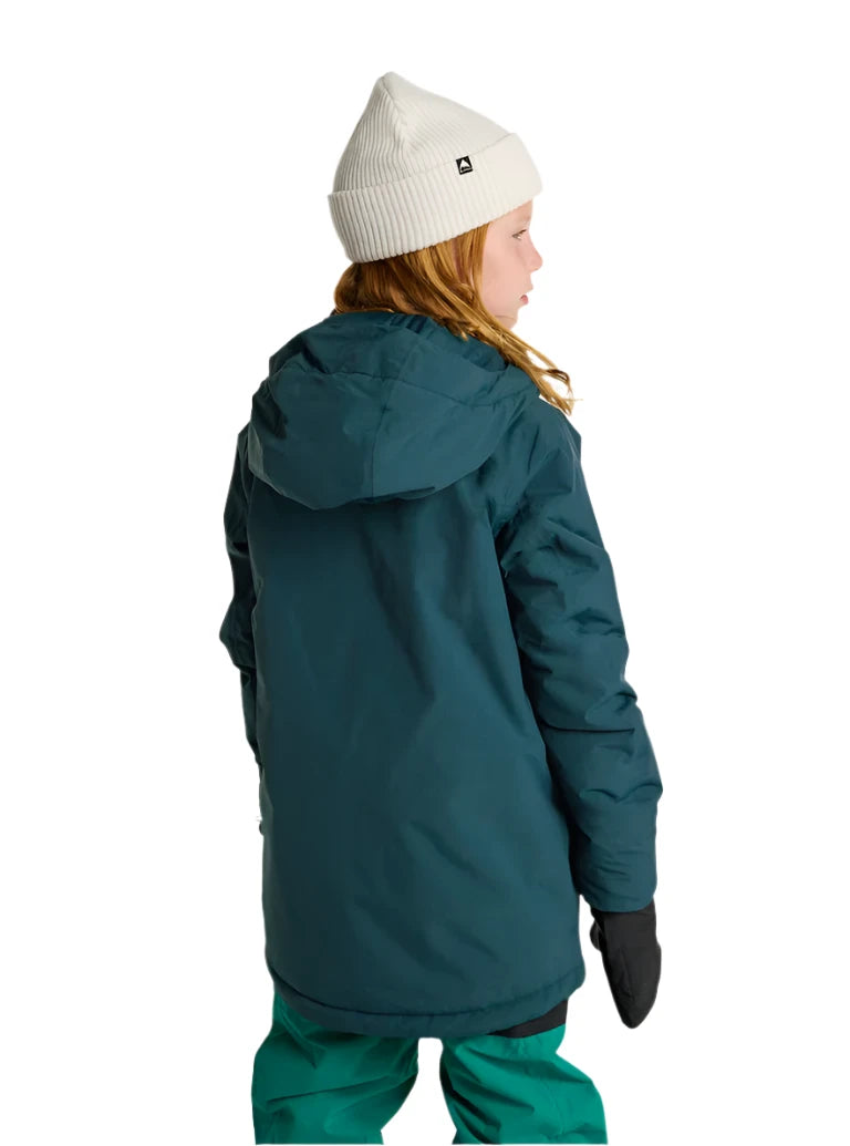 Burton Junior's Ascutney 2L Insulated Jacket 2025 - A dark green jacket with a hood, featuring a small black logo on the upper left side of the back.