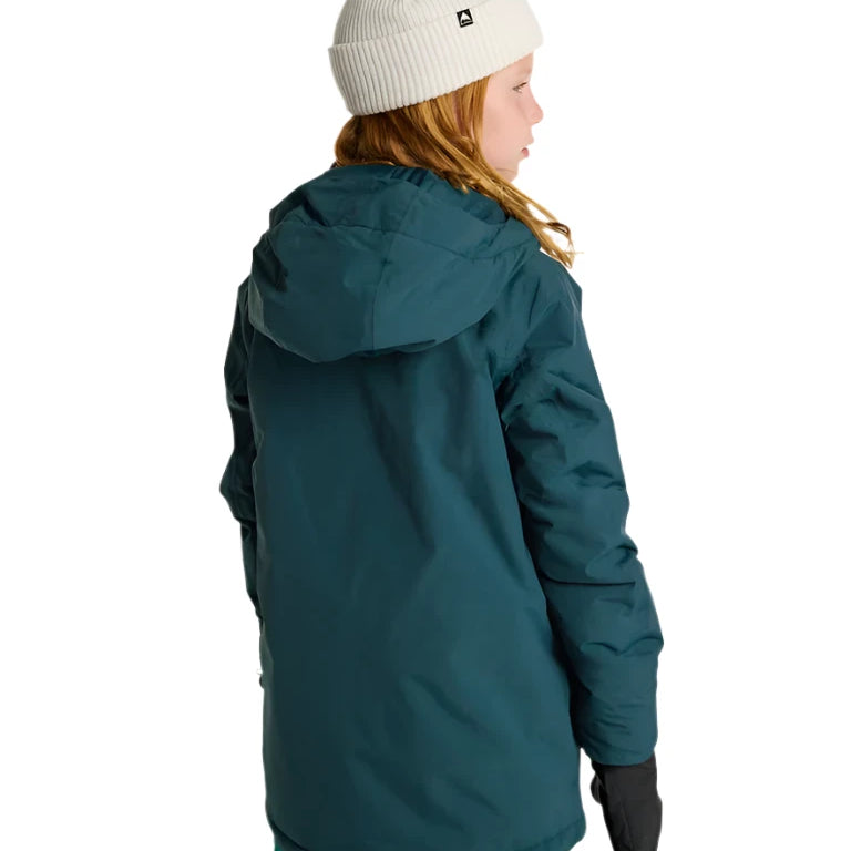 Burton Junior's Ascutney 2L Insulated Jacket 2025 - A dark green jacket with a hood, featuring a small black logo on the upper left side of the back.