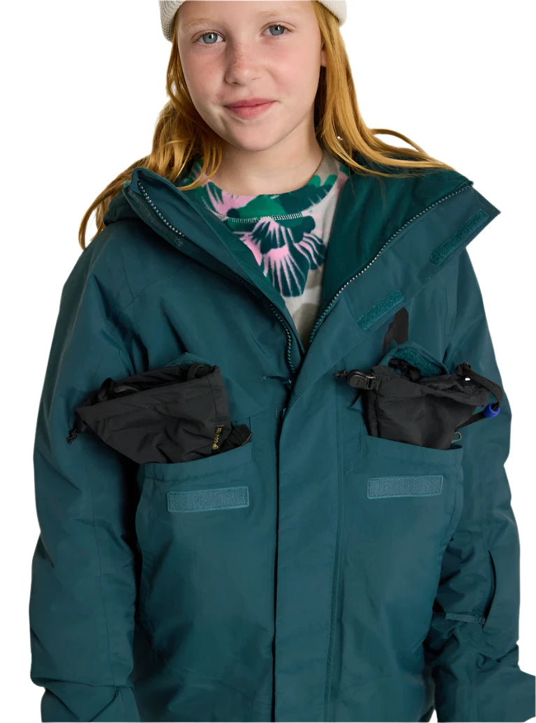 Burton Junior's Ascutney 2L Insulated Jacket - A dark green jacket with a hood, featuring two zippered pockets on the front and a zipper closure down the center.