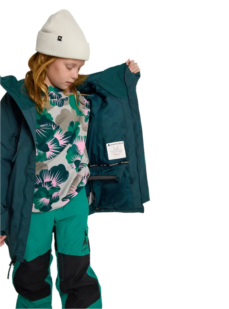 Burton Junior's Ascutney 2L Insulated Jacket 2025 - A dark green jacket with a hood, featuring a black zipper and two zippered pockets on the front.