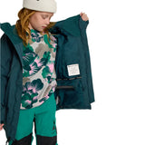 Burton Junior's Ascutney 2L Insulated Jacket 2025 - A dark green jacket with a hood, featuring a black zipper and two zippered pockets on the front.