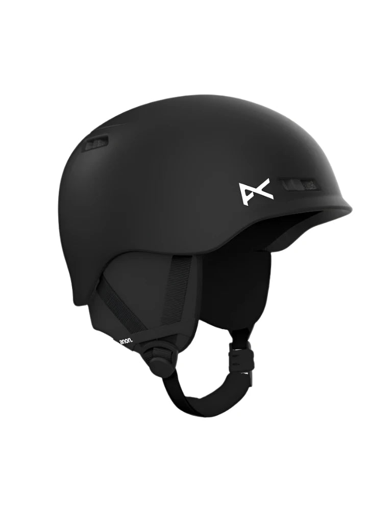 Anon Junior's Burner Helmet 2025 - A matte black helmet with a white logo on the side and ventilation holes along the top edge.