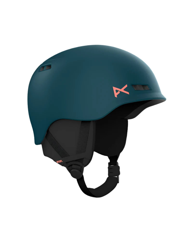 Anon Junior's Burner Helmet 2025 - A dark gray helmet with a pink logo on the side and ventilation holes along the top edge.