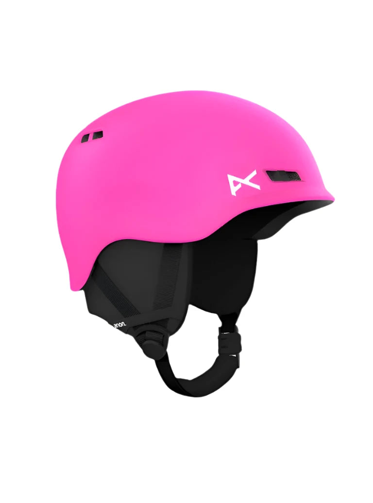 Anon Junior's Burner Helmet 2025 - A pink helmet with a white logo on the side and two small vents at the top.