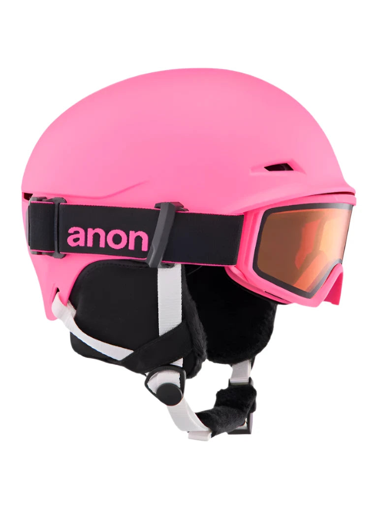 Anon Junior's Define Helmet 2025 - A pink helmet with a black strap and buckle on the back.