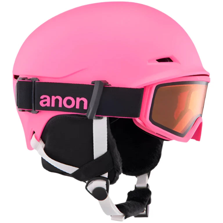 Anon Junior's Define Helmet 2025 - A pink helmet with a black strap and buckle on the back.