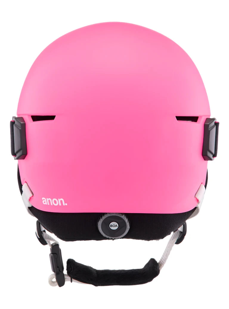 Anon Junior's Define Helmet 2025 - A pink helmet with a black chin strap and white accents on the sides.