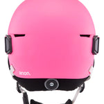 Anon Junior's Define Helmet 2025 - A pink helmet with a black chin strap and white accents on the sides.