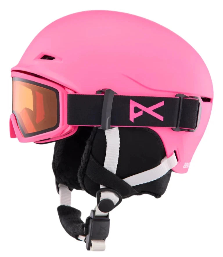 Anon Junior's Define Helmet 2025 - A pink helmet with a black strap and white buckle.