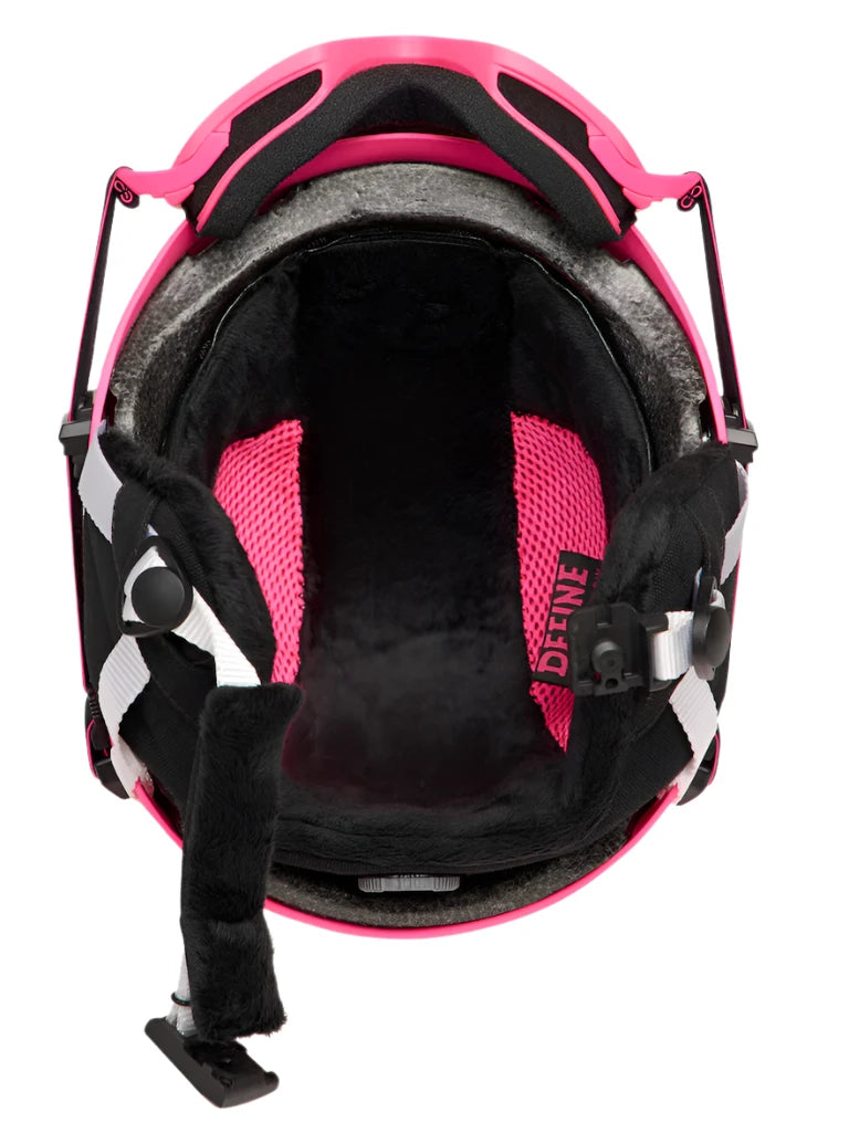 Anon Junior's Define Helmet 2025 - Black helmet with white logo on front and back, black straps, and pink accents.