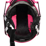 Anon Junior's Define Helmet 2025 - Black helmet with white logo on front and back, black straps, and pink accents.