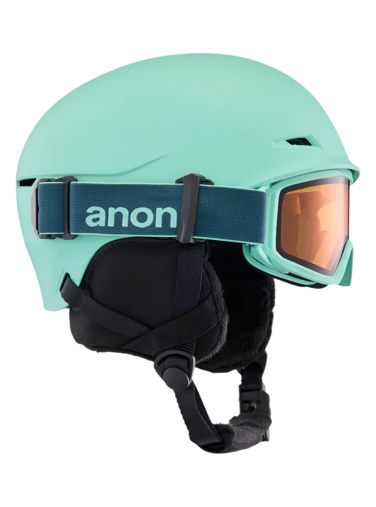 Anon Junior's Define Helmet 2025 - A mint green helmet with a black strap and buckle on the back.