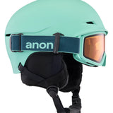 Anon Junior's Define Helmet 2025 - A mint green helmet with a black strap and buckle on the back.