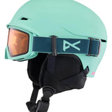 Anon Junior's Define Helmet 2025 - A mint green helmet with a black strap and buckle on the back, featuring an orange logo on the side.