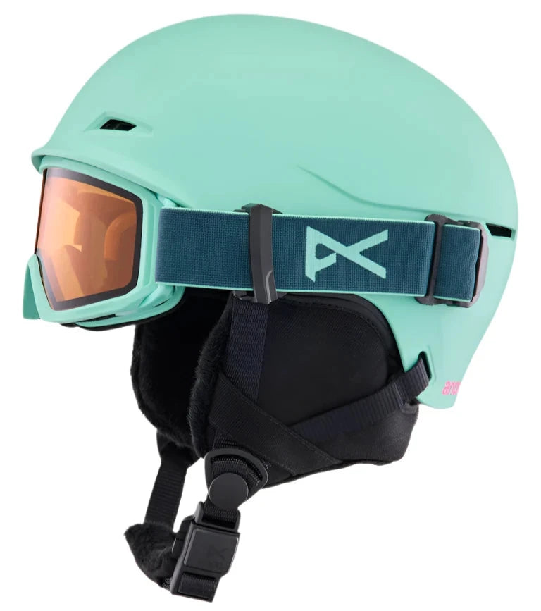 Anon Junior's Define Helmet 2025 - A mint green helmet with a black strap and buckle on the back, featuring an orange logo on the side.