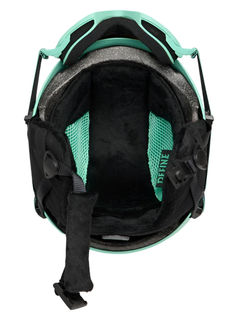 Anon Junior's Define Helmet 2025 - Black helmet with white logo on front and black straps.