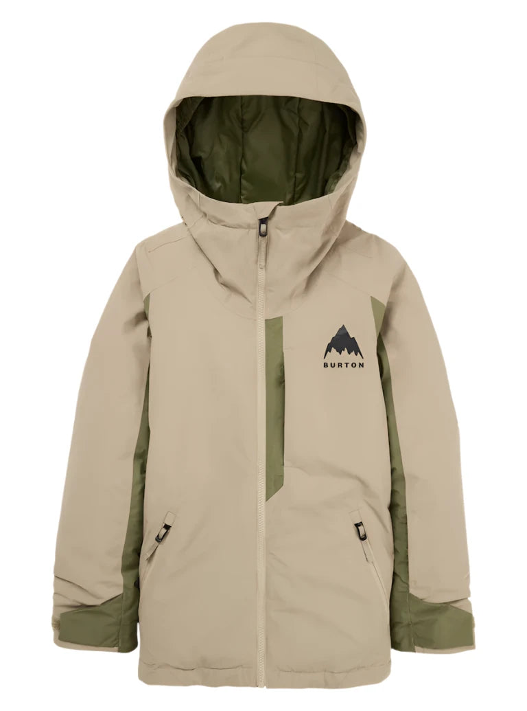 Burton Junior's Hillslope Insulated Jacket 2025 - A tan jacket with a black logo featuring a mountain graphic and the word "BURTON" in small letters, on the left chest area.