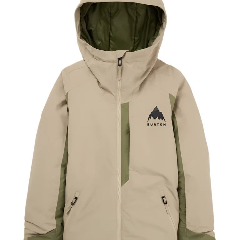 Burton Junior's Hillslope Insulated Jacket 2025 - A tan jacket with a black logo featuring a mountain graphic and the word "BURTON" in small letters, on the left chest area.