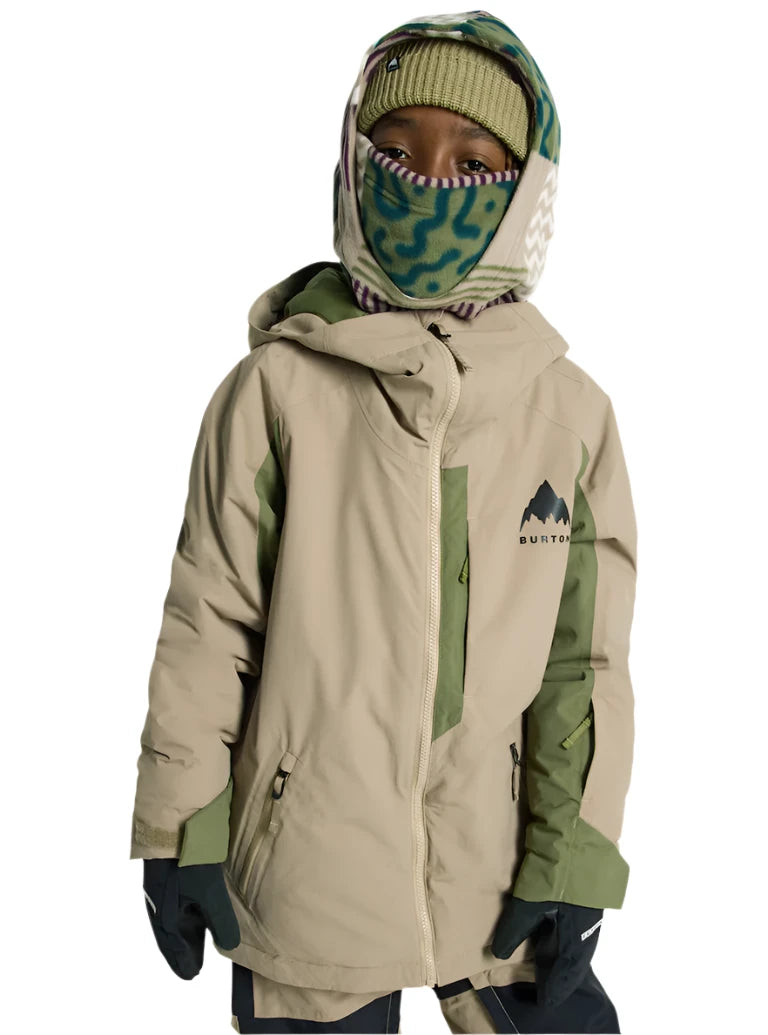 Burton Junior's Hillslope Insulated Jacket 2025 - A tan jacket with green accents and a black logo on the left chest, featuring a hood and zipper closure.
