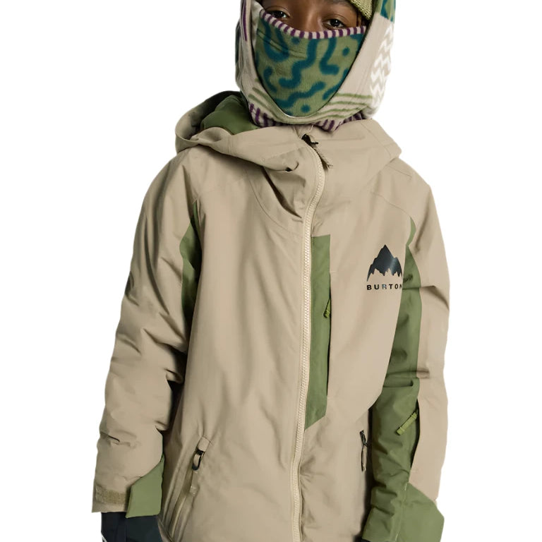 Burton Junior's Hillslope Insulated Jacket 2025 - A tan jacket with green accents and a black logo on the left chest, featuring a hood and zipper closure.