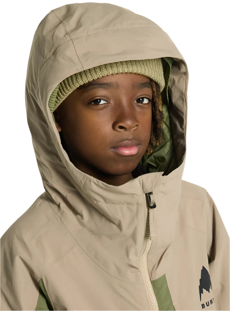 Burton Junior's Hillslope Insulated Jacket 2025 - A tan jacket with a green logo on the left chest and a hood.