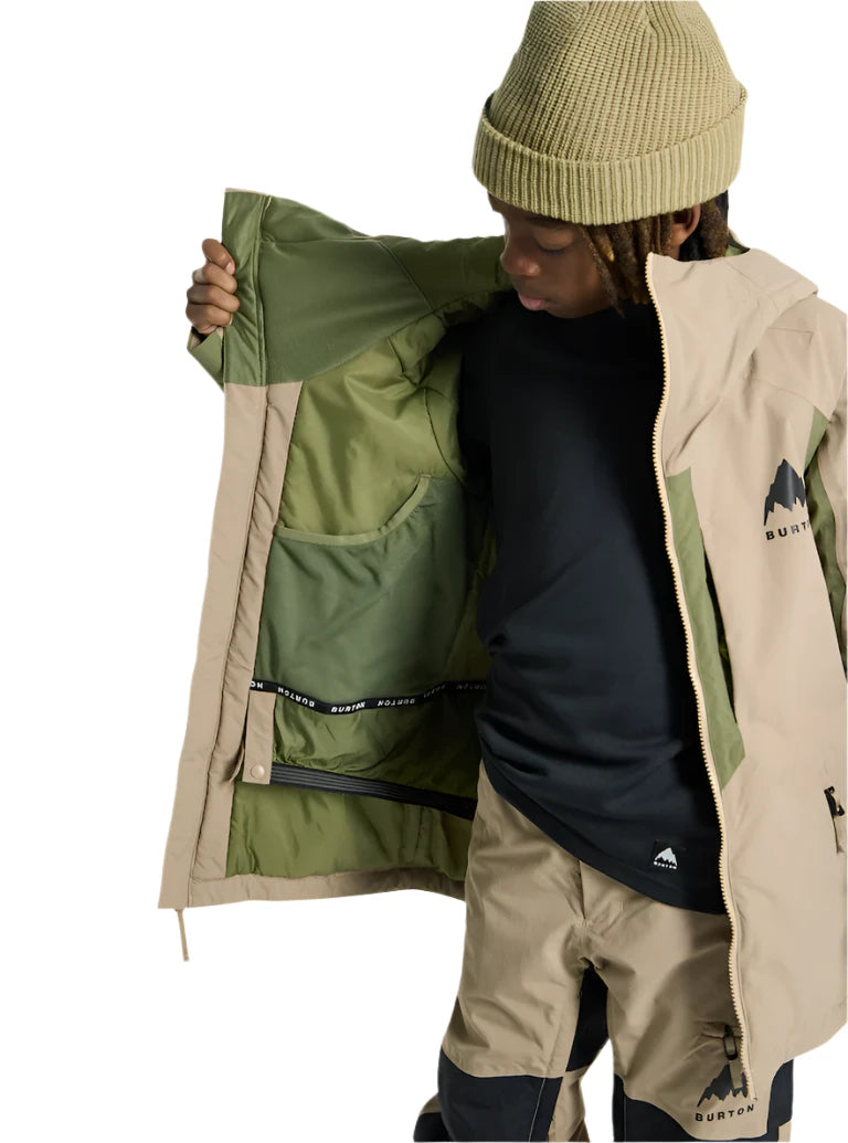 Burton Junior's Hillslope Insulated Jacket 2025 - A green and tan insulated jacket with a zippered front, worn by a model on a plain white background.