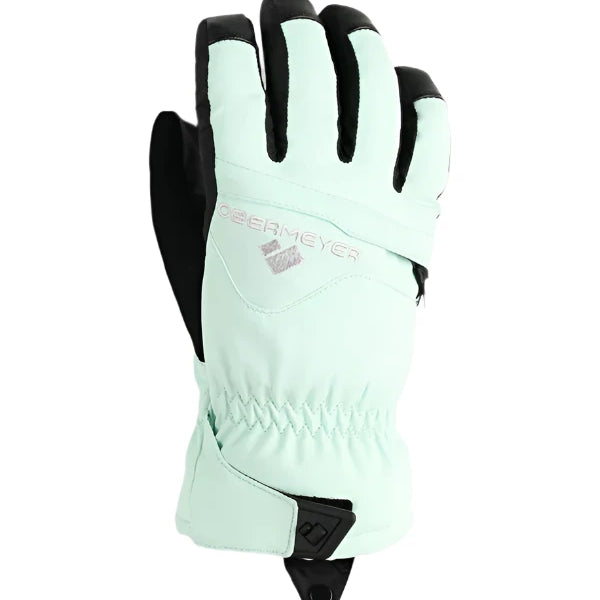 Obermeyer Junior's Lava Glove 2025 - A mint green glove with a black palm and thumb, featuring a textured pattern on the back of the hand.