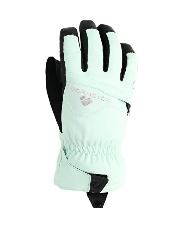 Obermeyer Junior's Lava Glove 2025 - A mint green glove with a black palm and thumb, featuring a textured pattern on the back of the hand.